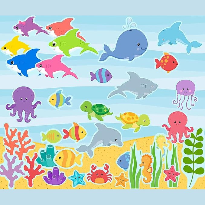 Baby Shark Family & Ocean Sea Life Creatures Plus Background