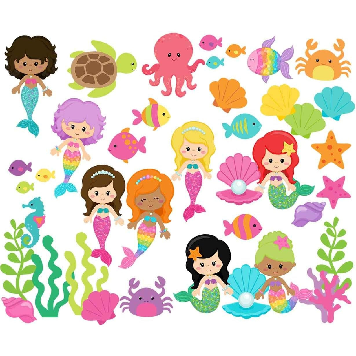 Mermaid Friends Ocean Life with background